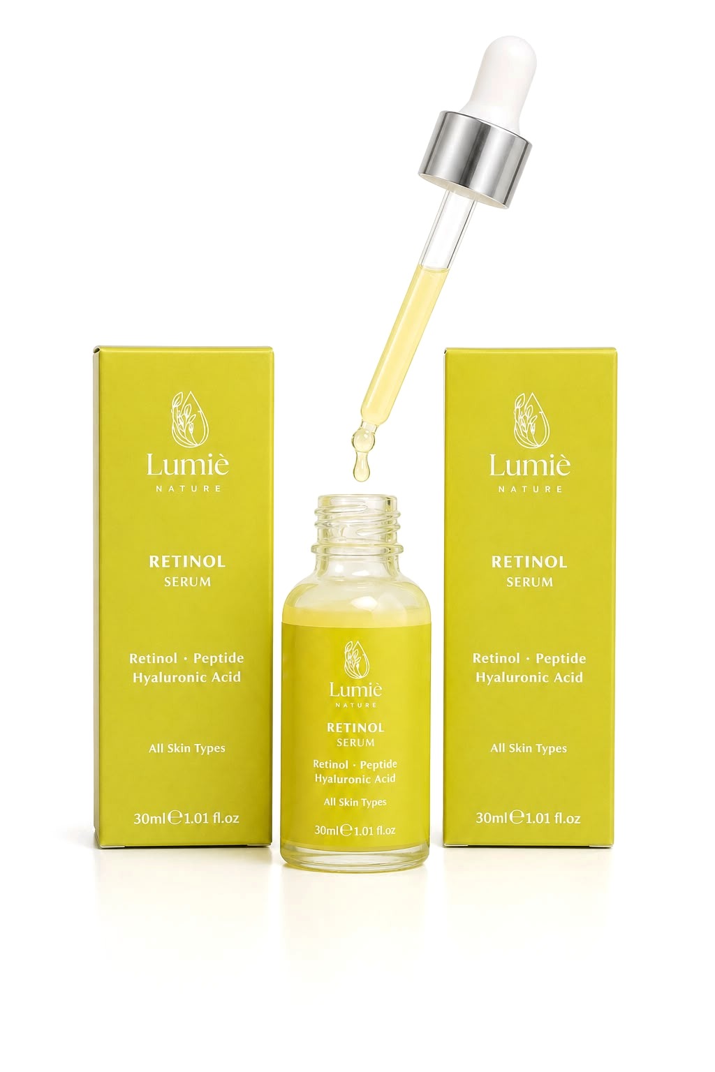 Damlalıktan damlayan Retinol Serum ve iki kutusu