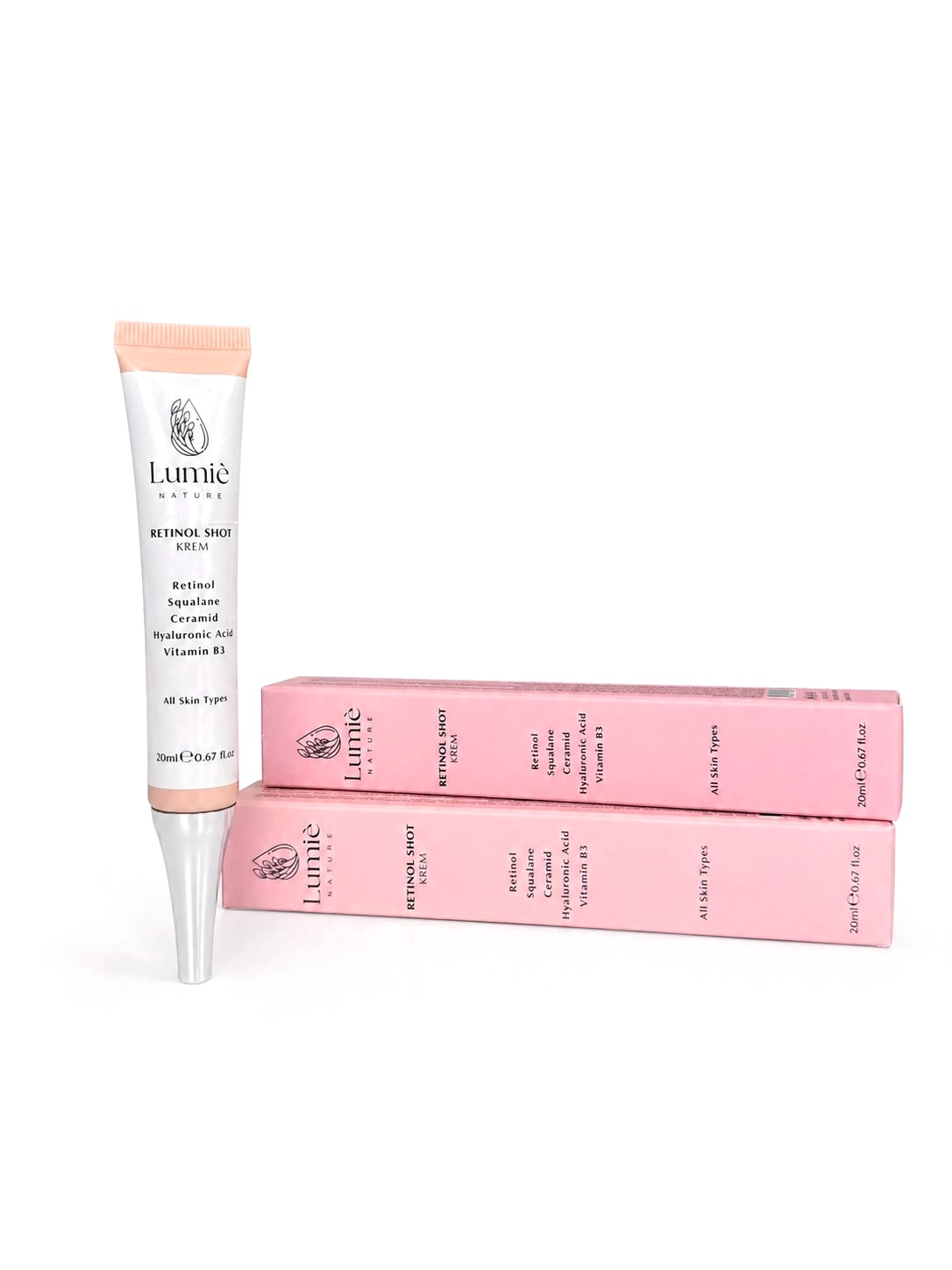 Retinol Shot Krem tüpü ve iki pembe kutusu